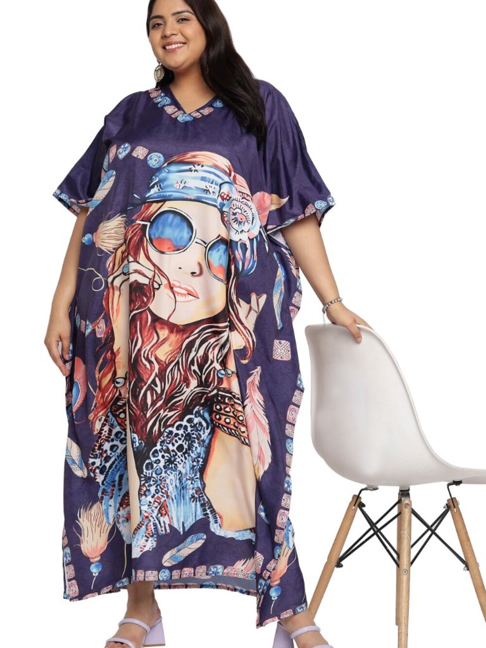 Plus Size Purple Lady Print Kaftan Dress Boho Resort Beach Cover Up - Picture 4 of 7